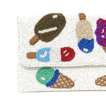 Load image into Gallery viewer, beaded clutch purse, ice cream beaded bag, birthday gift for her, summer clutch, white seed bead purse, beaded bag, seed bead clutch, white evening bag, clutch bag, engagement gift, bridal gift to bride, gifts to bride, wedding gift, bride gifts, crossbody purse, bride to be gift, engagement gift, bachelorette gifts, party bag, boho clutch, best friend gift, bridesmaid gift, ice cream white beaded bag, ice cream print beaded purse, ice cream beaded clutch purse, bohemian bag, evening clutches