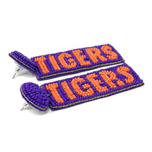 Load image into Gallery viewer, GameDay Earrings, College Football Earrings, Team Earrings, GameDay Outfit, Clemson earrings, Clemson tigers earrings, Clemson earrings, game day earrings, team game, Purple Tigers earrings, game day outfit, football earrings, college gifts, Clemson Tigers Beaded earrings, tigers earrings, college team gifts, Clemson tigers bead earrings, team beaded earrings, tigers beaded earrings, gameday outfit, Clemson beaded earrings, South Carolina earrings, South Carolina Tigers football 