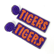 Load image into Gallery viewer, GameDay Earrings, College Football Earrings, Team Earrings, GameDay Outfit, Clemson earrings, Clemson tigers earrings, Clemson earrings, game day earrings, team game, Purple Tigers earrings, game day outfit, football earrings, college gifts, Clemson Tigers Beaded earrings, tigers earrings, college team gifts, Clemson tigers bead earrings, team beaded earrings, tigers beaded earrings, gameday outfit, Clemson beaded earrings, South Carolina earrings, South Carolina Tigers football 