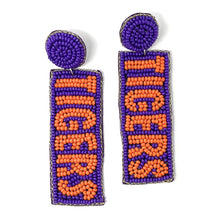 Load image into Gallery viewer, GameDay Earrings, College Football Earrings, Team Earrings, GameDay Outfit, Clemson earrings, Clemson tigers earrings, Clemson earrings, game day earrings, team game, Purple Tigers earrings, game day outfit, football earrings, college gifts, Clemson Tigers Beaded earrings, tigers earrings, college team gifts, Clemson tigers bead earrings, team beaded earrings, tigers beaded earrings, gameday outfit, Clemson beaded earrings, South Carolina earrings, South Carolina Tigers football 