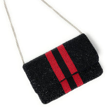 Load image into Gallery viewer, Beaded clutch purse, black red beaded clutch, GameDay Purse, go dawgs Beaded bag, go dawgs purse, Game Day purse, Georgia go dawgs, game day college purse, black red beaded purse, best friend gift, college bag, college game day gift, go bulls gifts, red black purse, college gifts, college football green clutch, red striped beaded purse, black with red striped purse, black purse with red stripes, tailgating outfit, tailgating beaded clutch, Football beaded clutch 