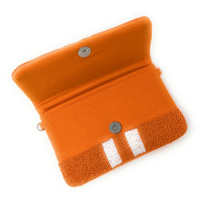 Load image into Gallery viewer, Beaded clutch purse, orange burnt beaded clutch, GameDay Purse, go vols Beaded bag, go vols purse, Game Day purse, go Vols Tennessee, game day college purse, Vols beaded purse, best friend gift, college bag, college game day gift, orange burnt gifts, go vols beaded purse, college gifts, college football orange clutch, Vols beaded purse, black with orange white striped purse, orange purse with white stripes, tailgating outfit, tailgating beaded clutch, Football beaded clutch 