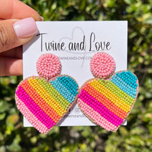 Load image into Gallery viewer,  Valentines day earrings, Rainbow gifts, bride to be earrings, rainbow heart earrings, birthday earrings, rainbow earrings, rainbow beaded earrings, rainbow beaded accessories, HEART accessories, heart rainbow earrings, heart beaded earrings, bachelorette gifts, bachelorette beaded earrings, bachelorette party favors, bridal shower party favors, bachelorette gifts for her, rainbow earrings party accessories, rainbow party accessories, LGBTQ earrings, Beaded earrings, rainbow accessories
