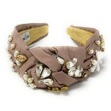 Load image into Gallery viewer, headband for women, hand sewn Knotted headband, Neutral color headband for women, nude color jeweled headband, neutral color top knot headband, nude color top knot headband, Beige knot headband, handmade knot hair band, Jeweled knot headbands, pearl top knot headband, statement headbands, top knotted headband, knotted headband, party headbands, Statement headband, embellished headband, rhinestone headband, gemstone headband for women, luxury headband, jeweled headband for women, jeweled knot headband
