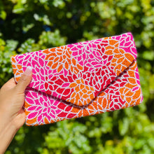 Load image into Gallery viewer, pink flowers beaded clutch purse, birthday gift for her, summer clutch, seed bead purse, beaded bag, tropical handbag, beaded bag, seed bead clutch, summer bag, birthday gift, clutch bag, best friend gifts, engagement gift, bridal gift to bride, bridal gift, floral beaded clutch, floral bead purse, wedding gift, bride gifts, beaded clutch purse, summer clutch, beaded bag, summer bag, boho purse, pink beaded clutch purse, pink orange purse, dahlia flowers purse, best selling items, best seller