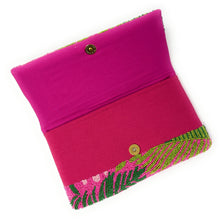 Load image into Gallery viewer, Handcrafted beaded bride clutch in vibrant pink, green, and white, designed for bridal showers, bachelorette parties, and honeymoons.
