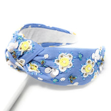 Load image into Gallery viewer, Embellished pastel blue headband featuring floral beadwork, shimmering sequins, and a stylish knotted design.