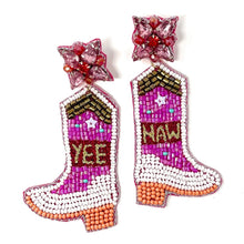 Load image into Gallery viewer, Handcrafted beaded cowboy boot earrings in vibrant pink with decorative stars, colorful accents, and “Yee Haw” lettering.