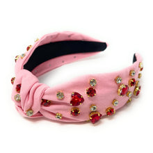 Load image into Gallery viewer, VALENTINES Jeweled Headband, Heart Headbands for Women, Heart Jeweled Knot Headband, Jeweled Knot Headbands, Valentines Day Knotted Headband, knotted headband, birthday gift for her, headbands for women, best selling items, knotted headbands, hair accessories, pink knot headband, valentine headband, valentines headband, valentines day gifts, embellished headband, heart stud headband, red headband, red hearts headband, heart headband for women and girls, bling headband, hearts knot headband, pink headband