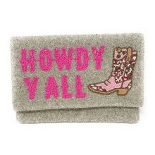 Load image into Gallery viewer, Fashion portrait showcasing a western-inspired beaded clutch with bold pink text and a rhinestone-style cowboy boot motif.