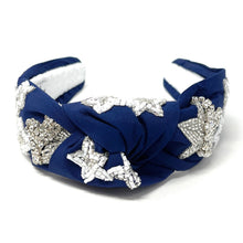 Load image into Gallery viewer, Handcrafted butterfly embellished headband with silver sequins, white beading, and a stylish knotted design.