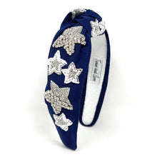 Load image into Gallery viewer, Royal blue padded knot headband with sparkling butterfly accents, hand-sewn beadwork, and glamorous evening style.