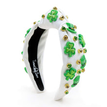 Load image into Gallery viewer, headbands for women, white green knotted headband, headband style, top knot headband, green top knot headband, lucky charm jeweled headband, lucky charm hair band, green Jeweled knot headband, St Patrick’s Jeweled headband, top knotted headband, hand bead knotted headband, Clover leaf hair band for women, St Patrick’s Embellished headband, statement headbands, embellished headband, chic headband, clover leaf knot headband, st paddy’s headband, green hair accessories, four leaf clover headband