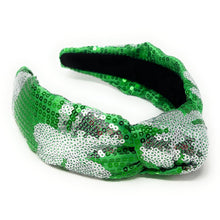 Load image into Gallery viewer, headbands for women, stylish headbands, headband style, top knot headband, green top knot headband, lucky charm headband, hair band, trendy headbands, top knotted headband, st patricks headband, handmade headbands, top knotted headband, velour knotted headband, Clover leaf hair band for women, trendy headband, statement headbands, hair accessories, twist headband, chic headband, st patricks headband, clover leaf knot headband, st paddy’s headband, green hair accessories, four leaf clover headband