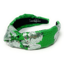 Load image into Gallery viewer, headbands for women, stylish headbands, headband style, top knot headband, green top knot headband, lucky charm headband, hair band, trendy headbands, top knotted headband, st patricks headband, handmade headbands, top knotted headband, velour knotted headband, Clover leaf hair band for women, trendy headband, statement headbands, hair accessories, twist headband, chic headband, st patricks headband, clover leaf knot headband, st paddy’s headband, green hair accessories, four leaf clover headband