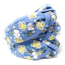 Load image into Gallery viewer, Handmade floral statement headbands adorned with white and yellow flower appliqués, sequins, and intricate embroidery accents.