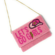 Load image into Gallery viewer, Handmade western-inspired beaded clutch in blush pink, decorated with bold lettering, a cowgirl hat, and sparkling details.