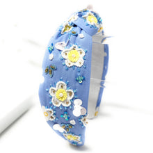 Load image into Gallery viewer, Embellished pastel blue headband featuring floral beadwork, shimmering sequins, and a stylish knotted design.