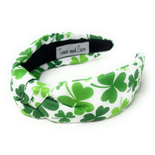 Load image into Gallery viewer, headbands for women, stylish headbands, headband style, top knot headband, green top knot headband, lucky charm headband, hair band, trendy headbands, top knotted headband, st patricks headband, handmade headbands, top knotted headband, velour knotted headband, Clover leaf hair band for women, trendy headband, statement headbands, hair accessories, twist headband, chic headband, st patricks headband, clover leaf knot headband, st paddy’s headband, green hair accessories, four leaf clover headband