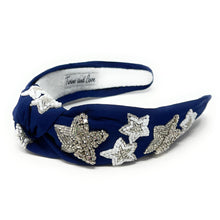 Load image into Gallery viewer, Elegant navy statement headband decorated with shimmering butterfly appliqués and luxe crystal embroidery details.