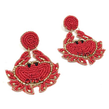 Load image into Gallery viewer, crab statement earrings adorned with intricate beadwork, shimmering details, and playful ocean-inspired design for summer fashion.