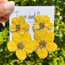Load image into Gallery viewer, Bright yellow sequin flower statement earrings with sparkling crystal centers and layered floral drop design.
