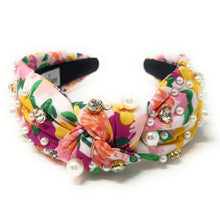 Load image into Gallery viewer, floral jeweled headband and white daisy-inspired statement earrings in natural sunlight.