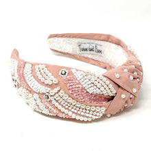 Load image into Gallery viewer, Blush pink knot headband adorned with pearls, crystal accents, and hand-beaded embroidery for an elegant feminine look.