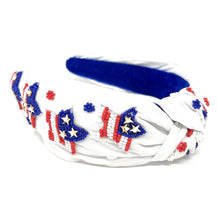 Load image into Gallery viewer, headband for women, Patriotic Knot headband, USA Flag headbands, Patriotic knotted headband, summer top knot headband, USA stars top knot headband, USA flag bow knotted headband, USA Patriotic hair band, USA party, beaded USA knot headband, statement headbands, top knotted headband, knotted headband, Fourth of July gifts,  embellished headband, gemstone knot headband, luxury headband, embellished knot headband, jeweled knot headband, Fourth of July headbands, 4th of July headband