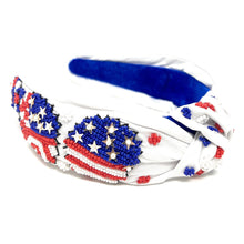 Load image into Gallery viewer, headband for women, Patriotic Knot headband, USA Flag headbands, Patriotic knotted headband, summer top knot headband, USA stars top knot headband, USA flag bow knotted headband, USA Patriotic hair band, USA party, beaded USA knot headband, statement headbands, top knotted headband, knotted headband, Fourth of July gifts,  embellished headband, gemstone knot headband, luxury headband, embellished knot headband, jeweled knot headband, Fourth of July headbands, 4th of July headband