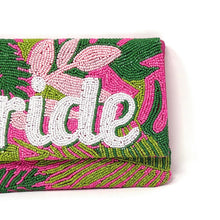 Load image into Gallery viewer, Handcrafted beaded bride clutch in vibrant pink, green, and white, designed for bridal showers, bachelorette parties, and honeymoons.