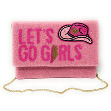 Load image into Gallery viewer, Statement pink clutch showcasing intricate beadwork with “Let’s Go Girls” text, perfect for bachelorette parties, girls’ trips, and country concerts.