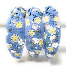 Load image into Gallery viewer, Elegant baby blue embellished headband with floral accents, hand-beaded details, and a feminine boho-glam aesthetic.