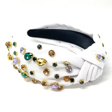 Load image into Gallery viewer, headband for women, white Knotted headband, headbands for women, Mardi Gras headband, top knot headband, Mardi Gras top knot headband, white headband, stars hair band, trendy headbands, top knotted headband, statement headbands, top knotted headband, knotted headband, party headbands, hand beaded headband, fashion headbands, embellished headband, rhinestone headband, gemstone, luxury headband, jeweled headband for women, jeweled knot headband, Mardi Gras New Orleans headband