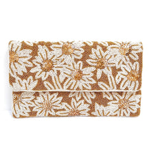 Load image into Gallery viewer, White flowers beaded clutch purse, birthday gift for her, summer clutch, seed bead purse, beaded bag, palm leaf handbag, beaded bag, seed bead clutch, summer bag, birthday gift for her, clutch bag, seed bead purse, engagement gift, bridal gift to bride, bridal gift, palm leaves purse, gifts to bride, gifts for bride, wedding gift, bride gifts,beaded clutch purse, birthday gift for her, summer clutch, seed bead purse, beaded bag, summer bag, boho purse, nude color purse, bronze color purse