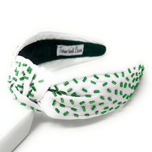 Load image into Gallery viewer, headbands for women, green knotted headband, headband style, top knot headband, green top knot headband, lucky charm headband, lucky charm hair band, green knot headband, top knotted headband, St Patrick’s headband, handmade headbands, top knotted headband, hand bead knotted headband, Clover leaf hair band for women, Hand bead St. Patrick’s headband, statement headbands, embellished headband, chic headband, sprinkle knot headband, Celtic headband, green hair accessories, green sprinkles headband