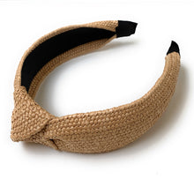 Load image into Gallery viewer, headband for woman, fashion headbands, womens headband, headbands for women, stylish headbands, headband style, top knot headband, woven top knot headband, head band, hair band, trendy headbands, raffia woven headband, women top knot headband, summer headbands, beige headband, beige top knot headband, handmade headbands, top knotted headband, knotted headband, spring headband, light brown headband, beige top knotted headband