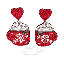 Load image into Gallery viewer,  Hot cocoa Beaded Earrings, hot cocoa Earrings, Holiday Earrings, Hot cocoa Beaded Earrings, Seed Bead, Merry Christmas, red earrings, red beaded earrings, Christmas beaded earrings, Chocolate beaded earrings, holiday beaded earrings, holiday earrings, red holiday earrings, Hot cocoa earrings, hot chocolate earrings, holiday gifts, holiday accessories, holiday beaded accessories, Holiday red accessories, Holiday Christmas earrings, Christmas gifts, Best seller, best Selling items